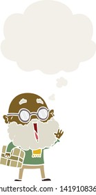 cartoon joyful man with beard and parcel under arm with thought bubble in retro style