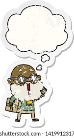 cartoon joyful man with beard and parcel under arm with thought bubble as a distressed worn sticker