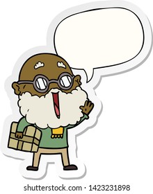 cartoon joyful man with beard and parcel under arm with speech bubble sticker