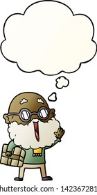 cartoon joyful man with beard and parcel under arm with thought bubble in smooth gradient style