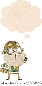 cartoon joyful man with beard and parcel under arm with thought bubble in grunge distressed retro textured style