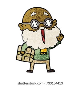 cartoon joyful man with beard and parcel under arm