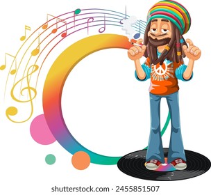 Cartoon of a joyful man enjoying vibrant music notes.