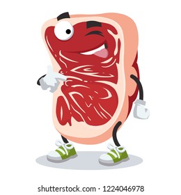 cartoon joyful marbled beef steak winks on a white background
