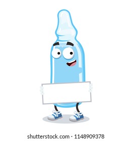 cartoon joyful medical ampoule mascot with tablet in hands on white background