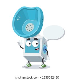 cartoon joyful medical nebulizer steam inhaler  mascot with a speech bubble on a white background