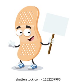 cartoon joyful medical plaster bandage mascot with tablet in hand on white background