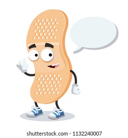 cartoon joyful medical plaster bandage mascot with a speech bubble on a white background