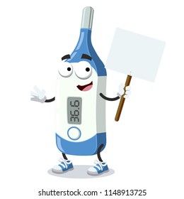 cartoon joyful medical thermometer mascot with tablet in hand on white background
