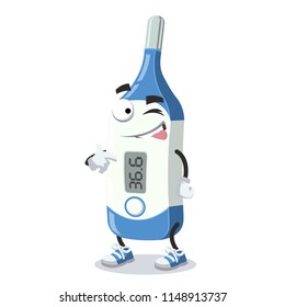 cartoon joyful medical thermometer winks on a white background
