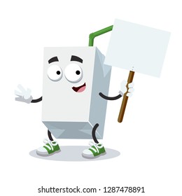 cartoon joyful milk or juice carton blank pack with a straw mascot with tablet in hand on white background