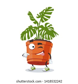 cartoon joyful monstera plant in a pot winks on a white background