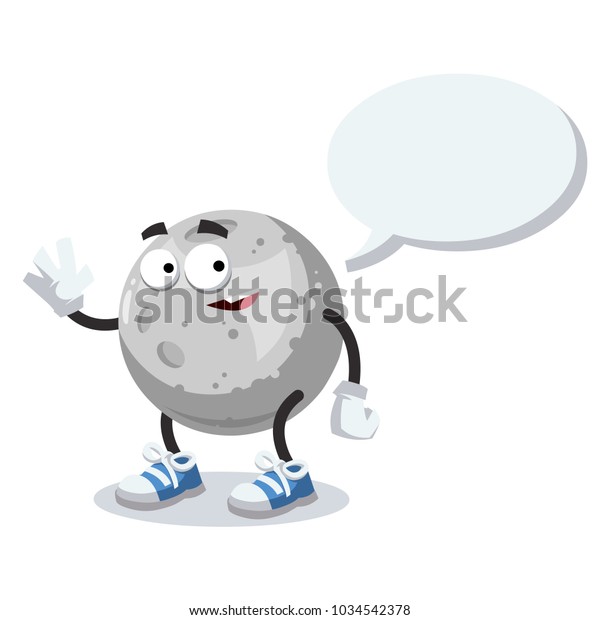 cartoon joyful moon mascot with a caption
cloud on a white
background