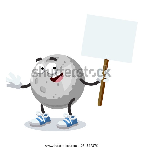 cartoon joyful moon mascot with tablet in hand\
on white background