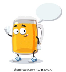 cartoon joyful mug of beer mascot with a caption cloud on a white background