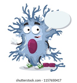 cartoon joyful neuron cell mascot with a speech bubble on a white background
