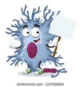 cartoon joyful neuron cell mascot with tablet in hand on white background