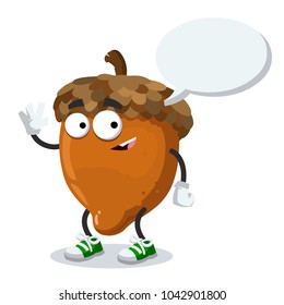 cartoon joyful nut mascot with a caption cloud on a white background