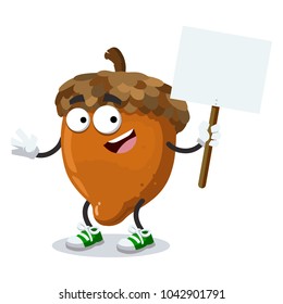 cartoon joyful nut mascot with tablet in hand on white background