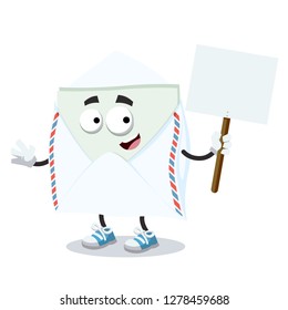 cartoon joyful open envelope with a message inside mascot with tablet in hand on white background