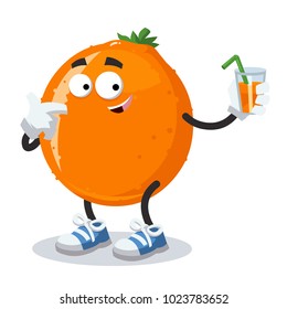 cartoon joyful orange holding a glass with juice isolated