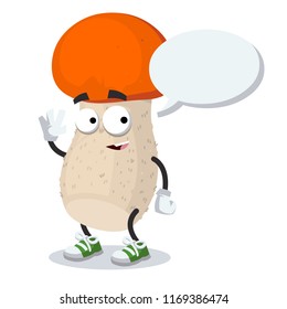 cartoon joyful orange-cap mushroom mascot with a speech bubble on a white background