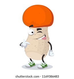 cartoon joyful orange-cap mushroom winks on a white background
