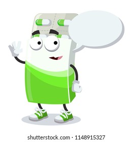 cartoon joyful package box with capsules pills and blister mascot with a speech bubble on a white background