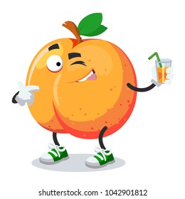 cartoon joyful peach winks and holds a glass with juice isolated
