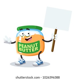 cartoon joyful peanut butter mascot with tablet in hand on white background