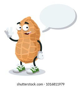 cartoon joyful peanut mascot with a caption cloud on a white background