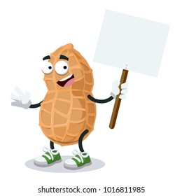 cartoon joyful peanut mascot with tablet in hand on white background