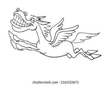 Cartoon joyful pegasus. Cheerful cartoon pegasus gallops. Illustration isolated on white. Vector outline image of a funny cartoon pegasus.