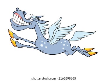 Cartoon joyful pegasus. Cheerful cartoon pegasus gallops. Illustration isolated on white. Gray Pegasus with spots. Vector color image of a funny cartoon pegasus.