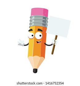 cartoon joyful pencil with rubber eraser mascot with tablet in hand on white background