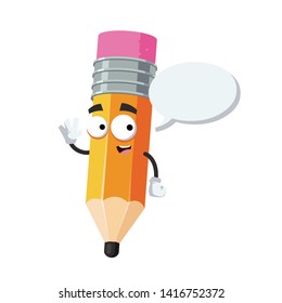 cartoon joyful pencil with rubber eraser mascot with a speech bubble on a white background