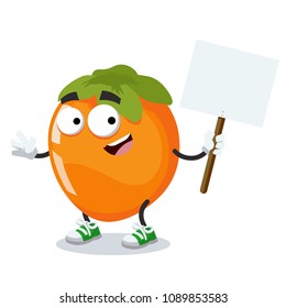 cartoon joyful persimmon mascot with tablet in hand on white background