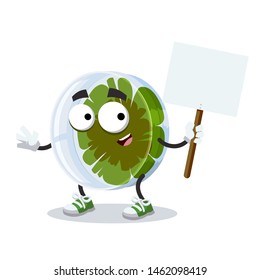 cartoon joyful petri dish with bacteria or viruses mascot with tablet in hand on white background