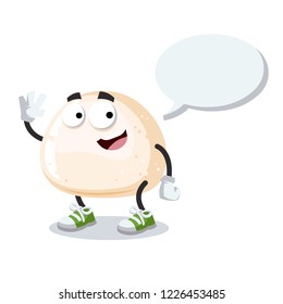 cartoon joyful piece of mozzarella cheese mascot with a speech bubble on a white background