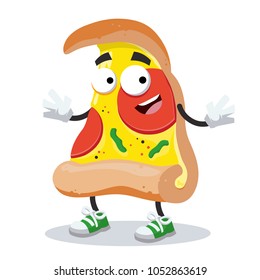 cartoon joyful piece of pizza mascot smiling on white background