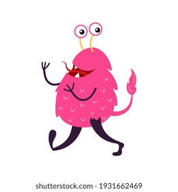 Cartoon joyful pink monster isolated on white. Funny fantasy creature. Design for print, party decoration,  illustration,  sticker. 