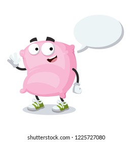 cartoon joyful pink pillow mascot with a speech bubble on a white background