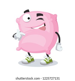 cartoon joyful pink pillow winks on a white background