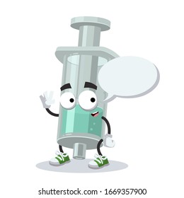 cartoon joyful plastic medical syringe mascot with a speech bubble on a white background