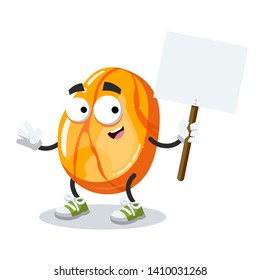cartoon joyful polished gemstone succinite amber mascot with tablet in hand on white background