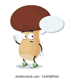 cartoon joyful porcini mushroom mascot with a speech bubble on a white background