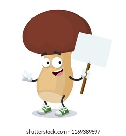 cartoon joyful porcini mushroom mascot with tablet in hand on white background