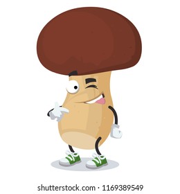 cartoon joyful porcini mushroom winks on a white background