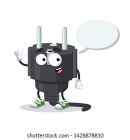cartoon joyful power plug type E mascot with a speech bubble on a white background