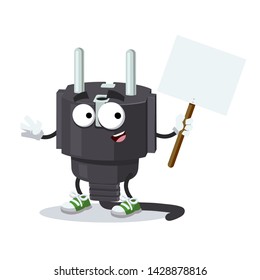 cartoon joyful power plug type E mascot with tablet in hand on white background